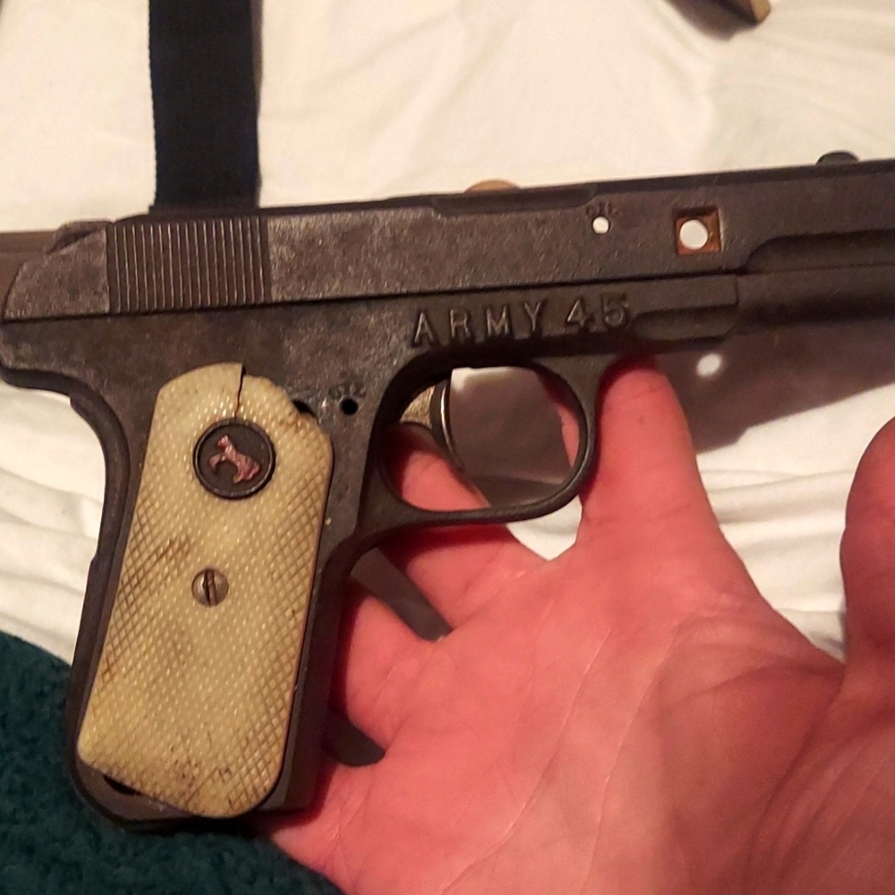 1960 VINTAGE ARMY 45 Toy Cast Iron Cap Gun-Rearing Horse. Heavy duty. !
